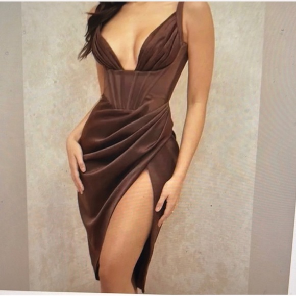 House of CB Faye Chocolate Brown Satin Corset Dress Sz.L - Picture 1 of 13